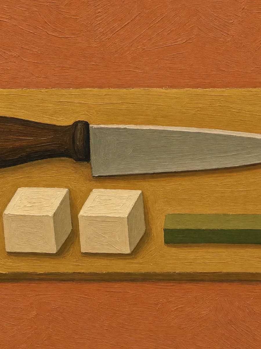 Pintura cubista de uma faca monumental repousada sobre a tábua, com os cortes de legume alinhados ao lado