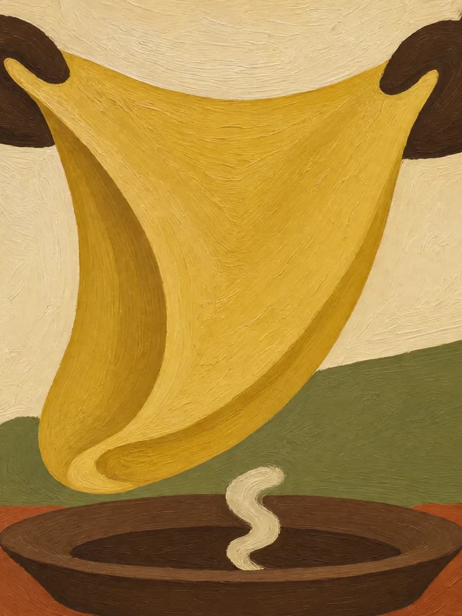 Pintura cubista de uma folha de massa monumental sendo aberta sobre a bancada, com a panela de risoto ao fundo