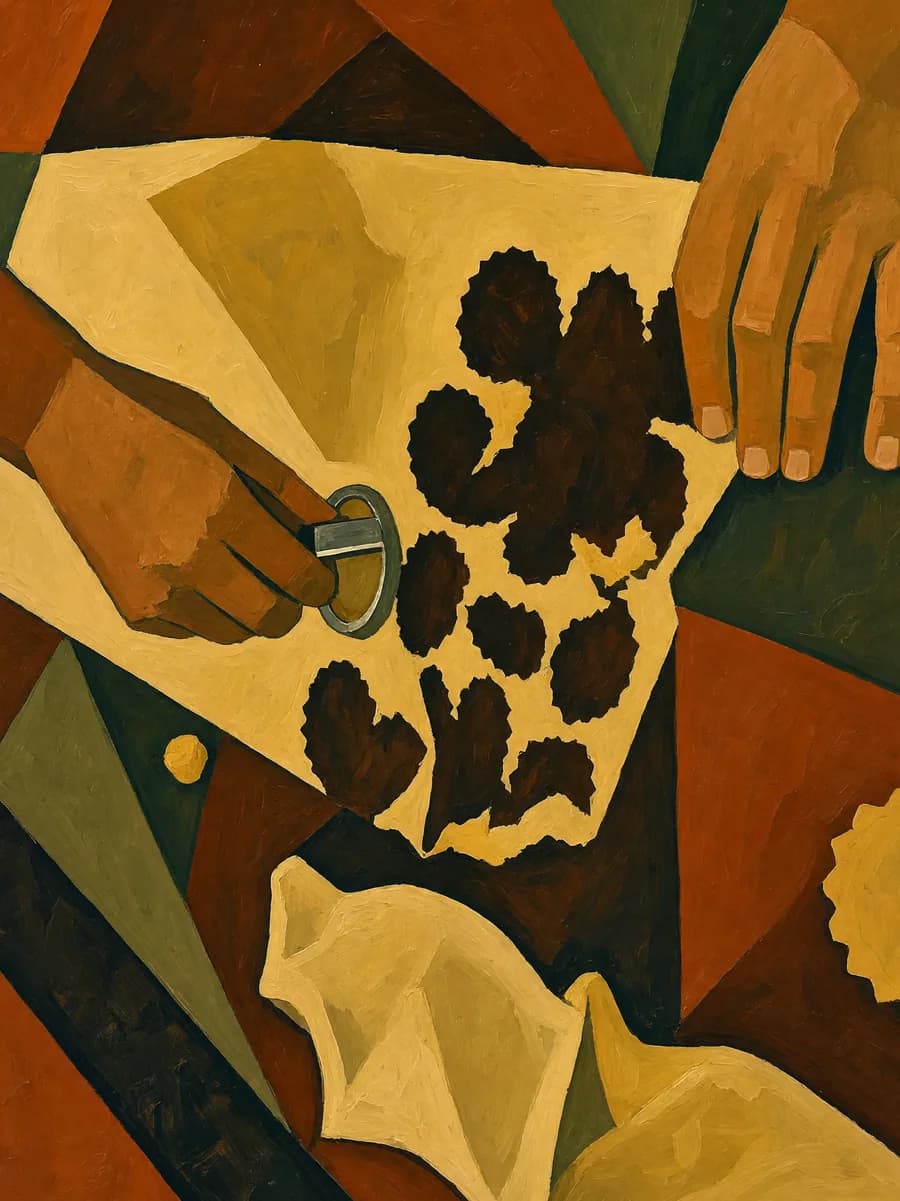 Pintura cubista das mãos da equipe cortando massa sobre a bancada de granito da cozinha do L.A.U